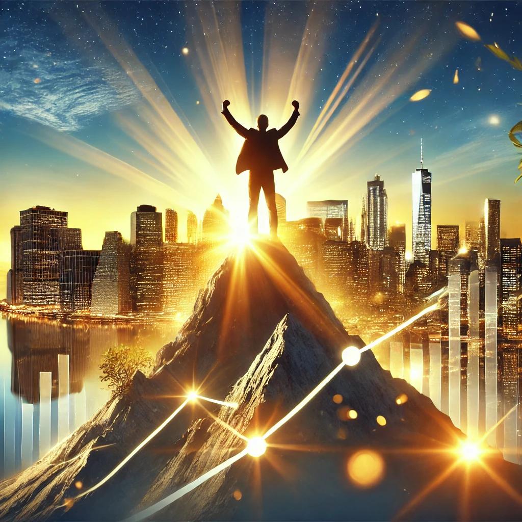 DALLE 2024-10-14 091153 - A realistic image representing success featuring elements such as a bright sunrise over a city skyline a person standing at the top of a mountain wiwebp