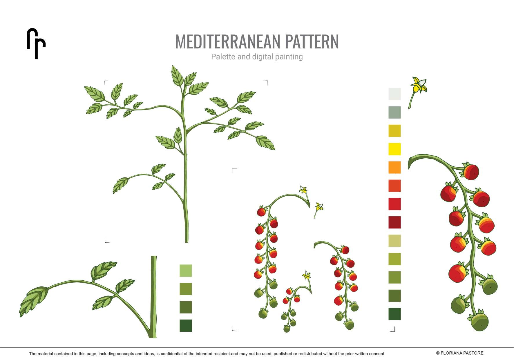 patter design, floral pattern design, handrawn floral pattern, handrawn pattern design, tomatoes designer pattern, meditettanean designer pattern, tomatoes plant pattern, italian pattern designer, customized pattern designer