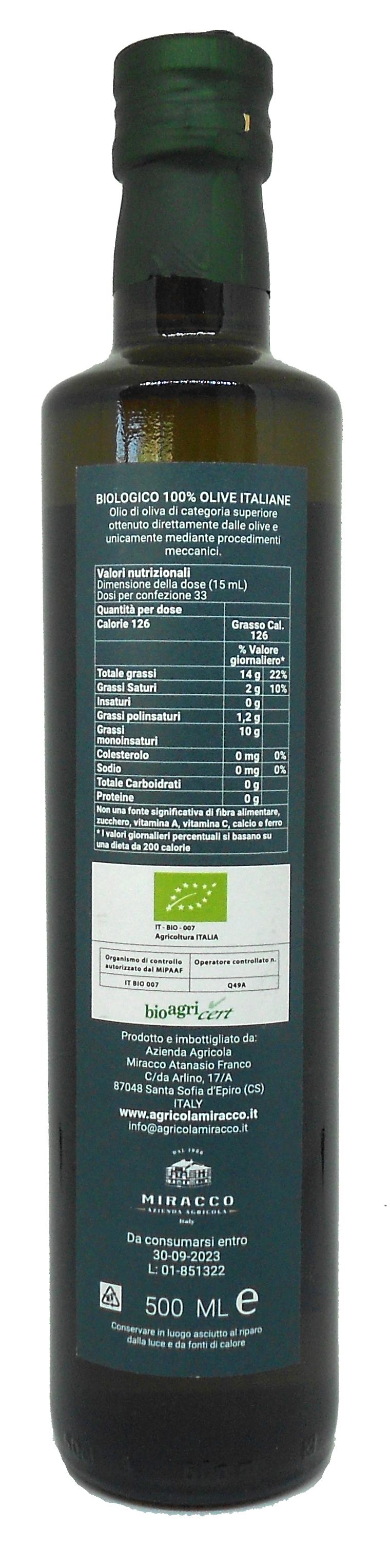 Olio Extravergine di Oliva Italiano - Biologico Prodotto in Calabria - Estratto a Freddo -  Bottigli