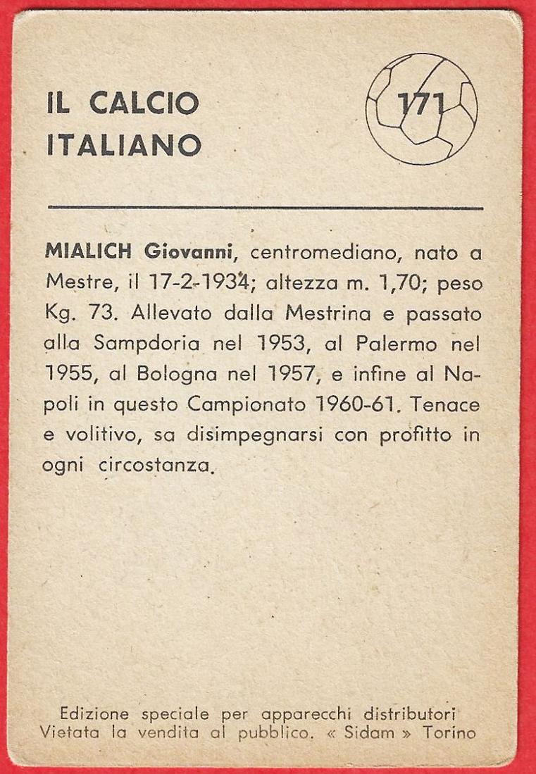 077> GIOVANNI MIALICH - NAPOLI = Figurina Calciatori SIDAM - Campionato 1960-61