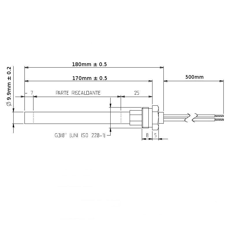 14701008 RESISTENZA ACCENSIONE STUFA CALDAIA A PELLET CON RACCORDO 3/8 DIAM 9,9 LUNGHEZZA180mm  300W