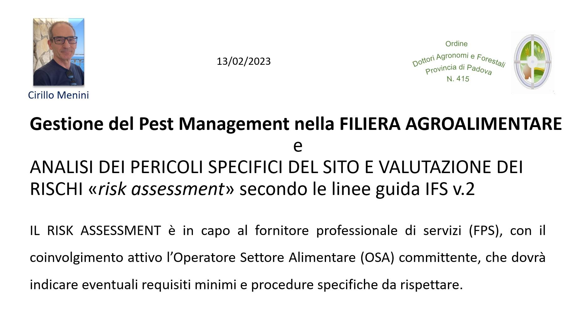 RISK ASSESSMENT PER LA GESTIONE DEGLI INFESTANTI NEL SETTORE AGROALIMENTARE