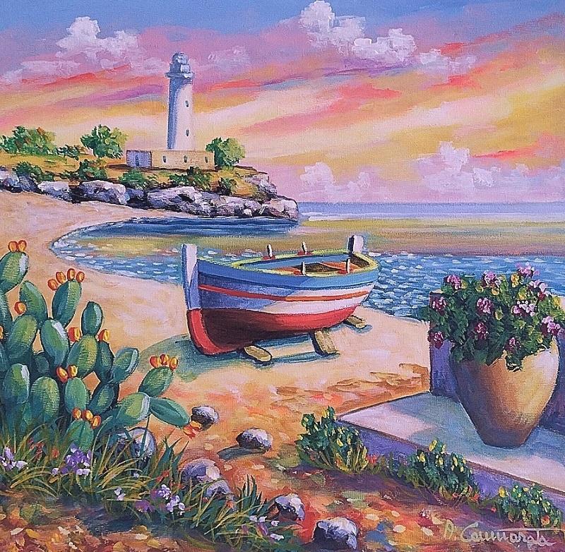 Faro al tramonto Olio su tela 40 x 40 cm