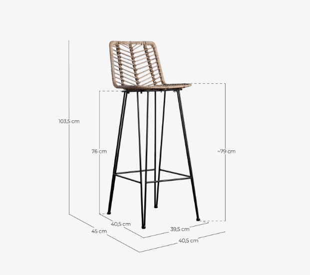 CONFEZIONE DI 2 SGABELLI ALTI IN RATTAN NATURALE E METALLO (79 CM)