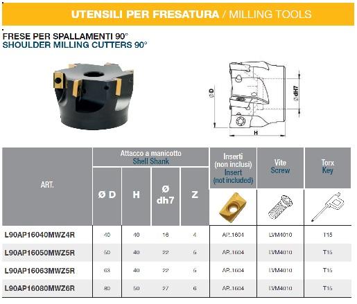 FRESE PER SPALLAMENTI 90° ATTACCO A MANICOTTO - INSERTI AP..1604