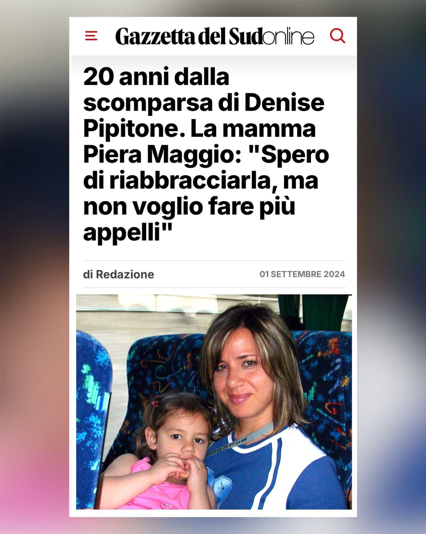 20 anni dalla scomparsa di Denise Pipitone. La mamma Piera Maggio: "Spero di riabbracciarla, ma non voglio fare più appelli"