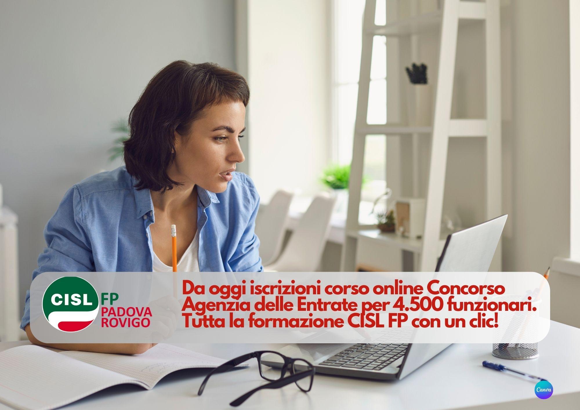 CISL FP Padova e Rovigo. Da oggi iscrizioni corso online Concorso Agenzia delle Entrate. Tutta la formazione CISL FP