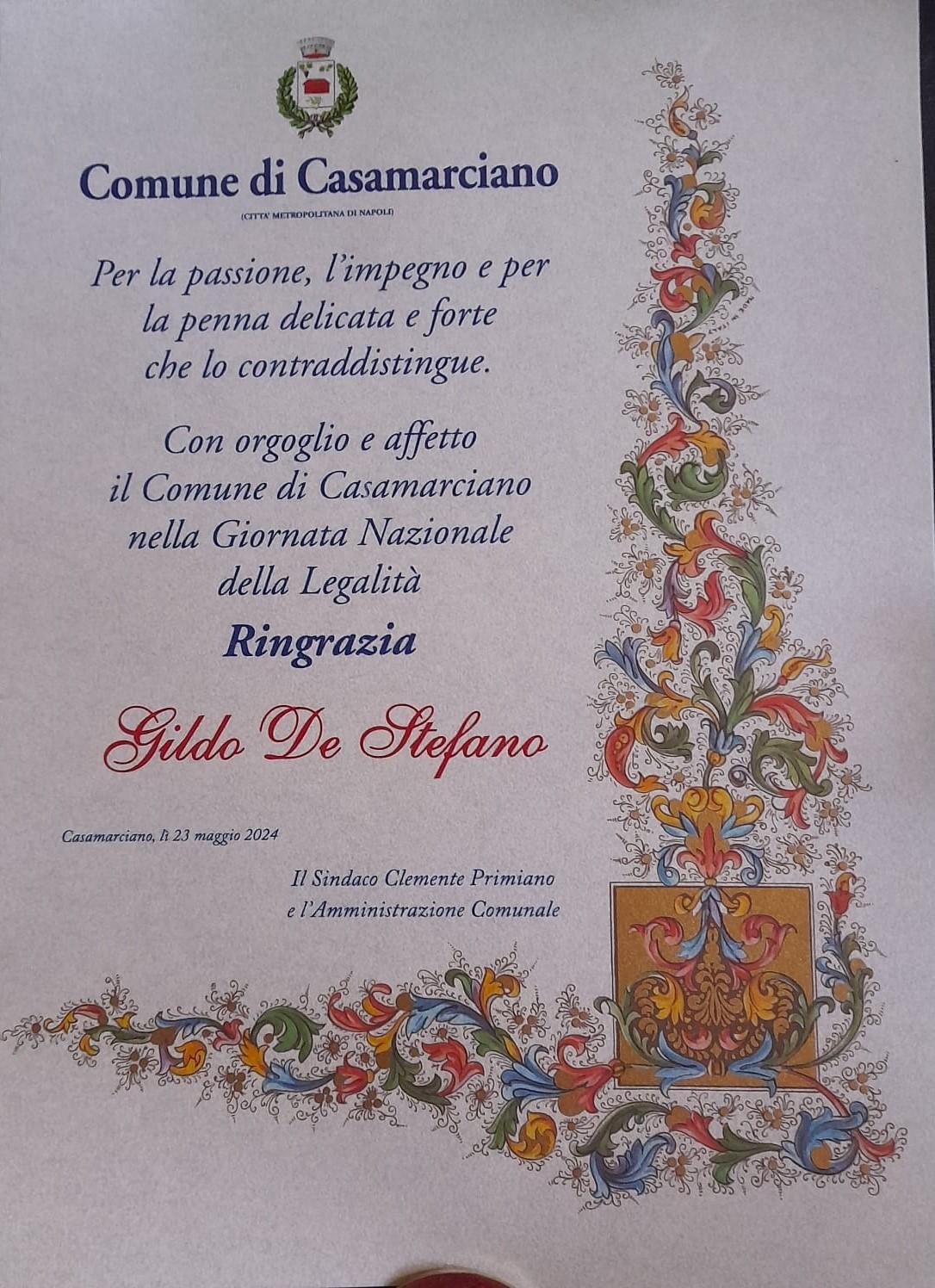Pergamena della Legalità ricevuta dal sindaco di Casamarciano  per il mio libro su Giancarlo Siani
