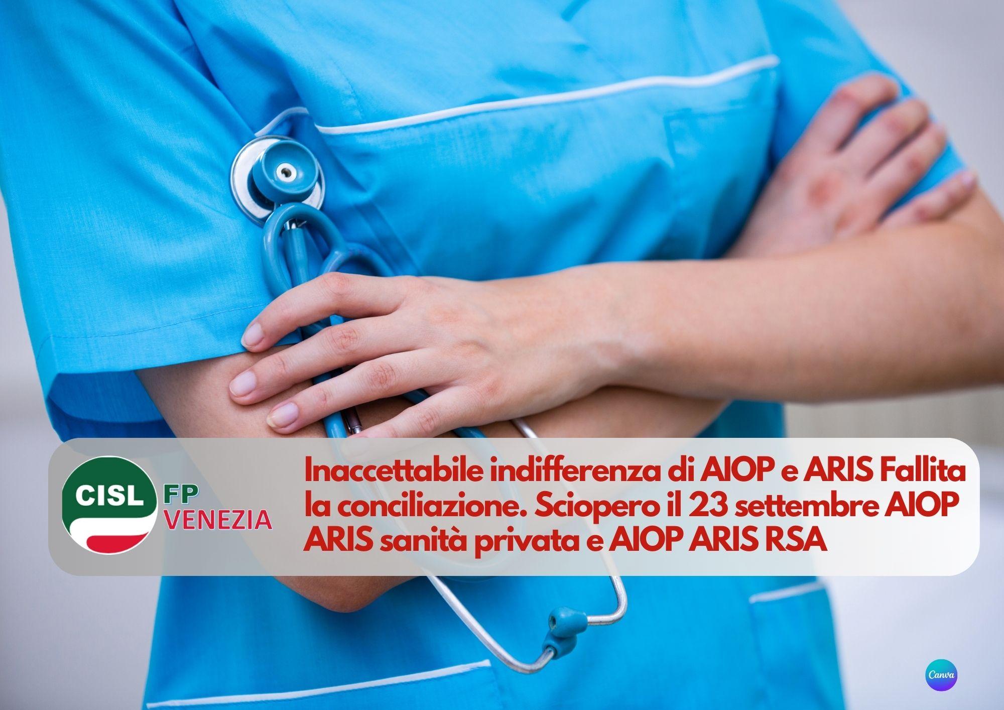 CISL FP Venezia. Sanità privata AIOP - ARIS: fallita conciliazione. Sciopero il 23 settembre