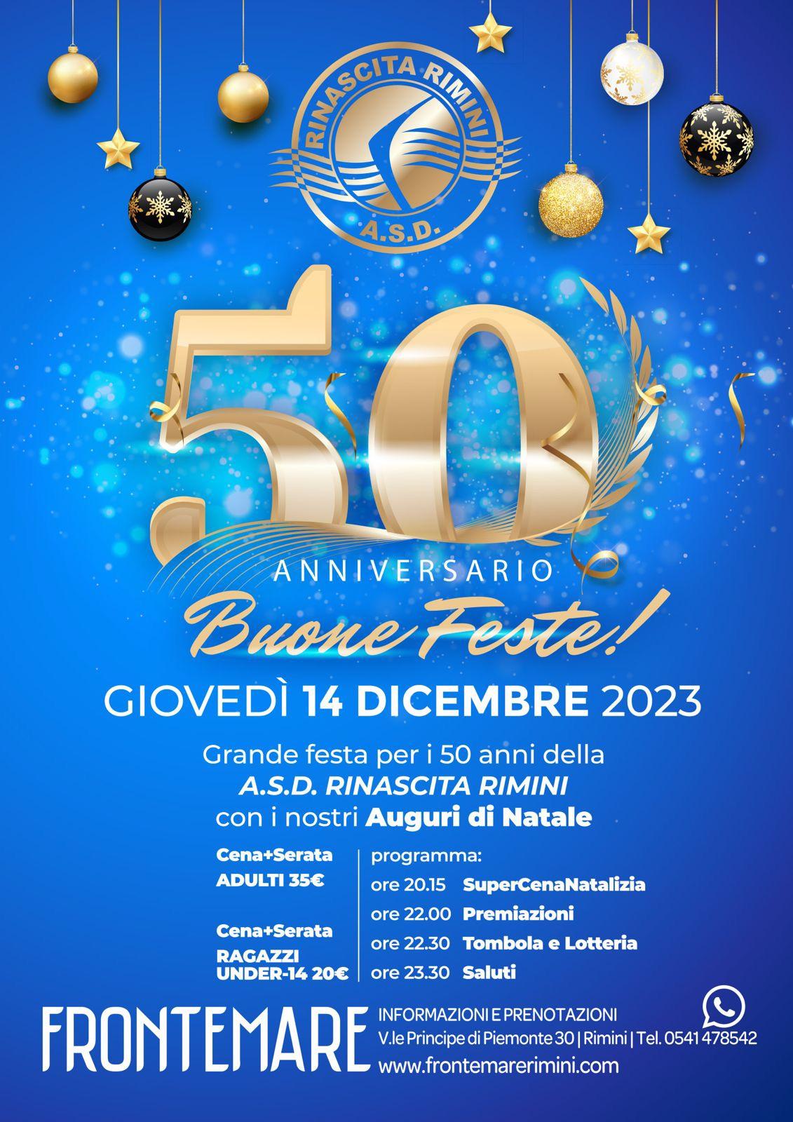 Giovedì 14 dicembre cena e festa per i 50 anni della Rinascita Nuoto Rimini