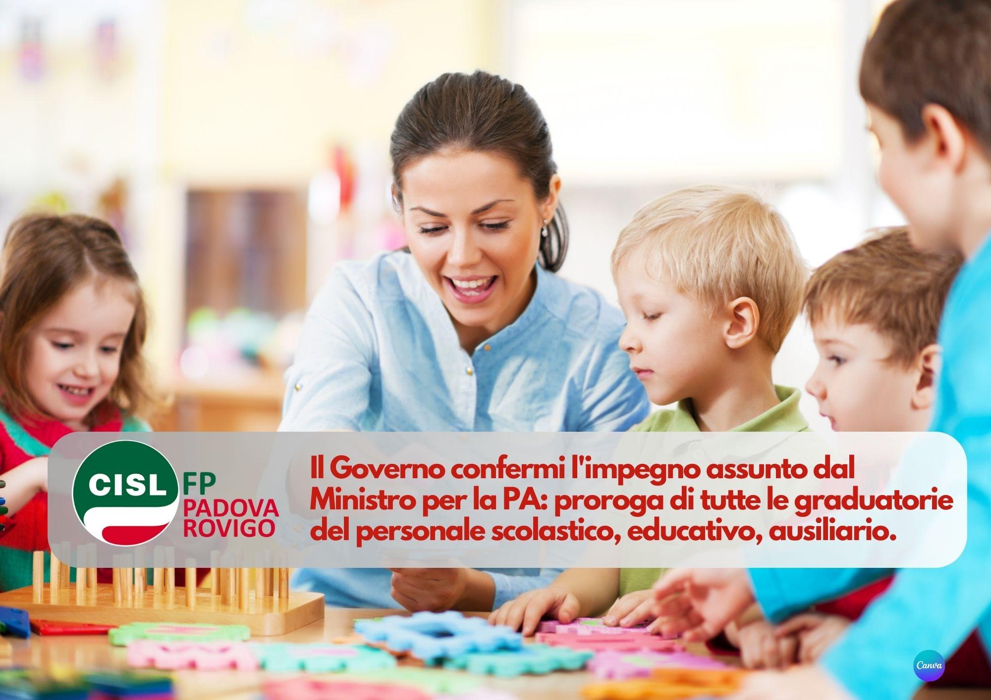 CISL FP Padova Rovigo. Il Governo confermi proroga graduatorie personale scolastico, educativo, ausiliario