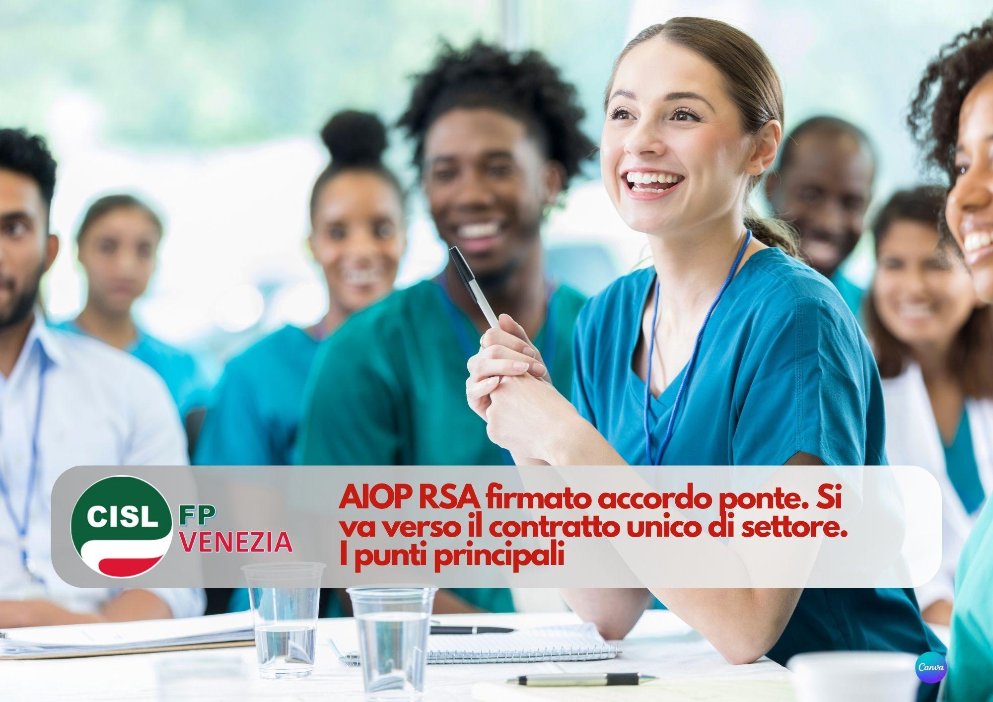 CISL FP Venezia. AIOP RSA firmato accordo ponte. Si va verso il contratto unico di settore. I punti principali