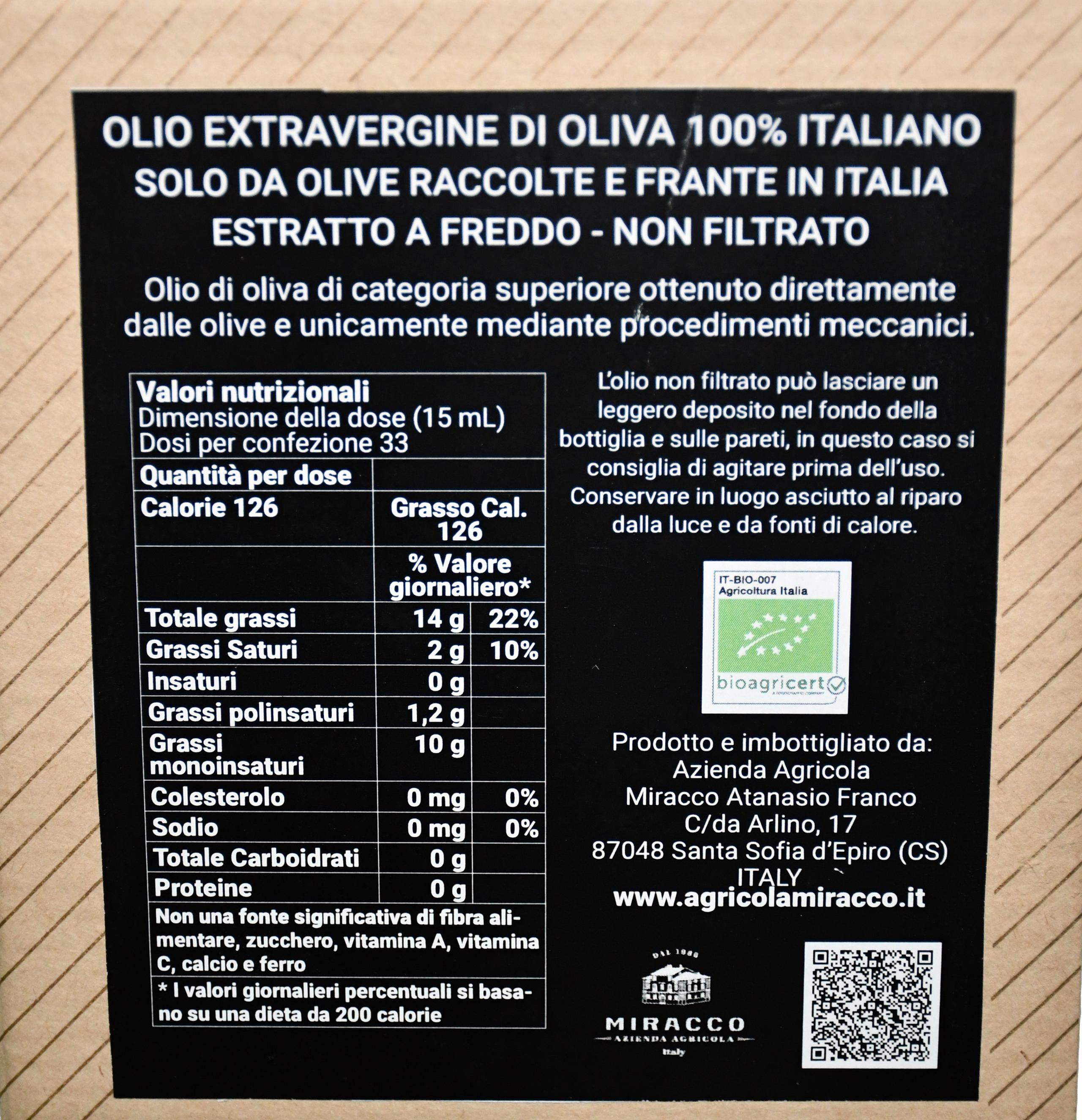 Olio Extravergine di Oliva Italiano - Biologico Prodotto in Calabria - Estratto a Freddo Bag in Box