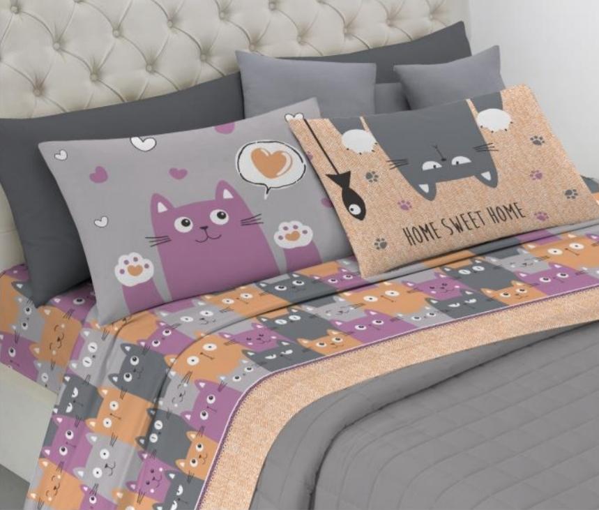 Completo letto Happy cats (verde, arancio, grigio)