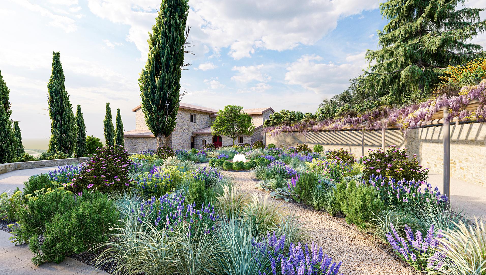 Un susseguirsi di giardini che collegano gli edifici di una splendida proprietà nel Chianti