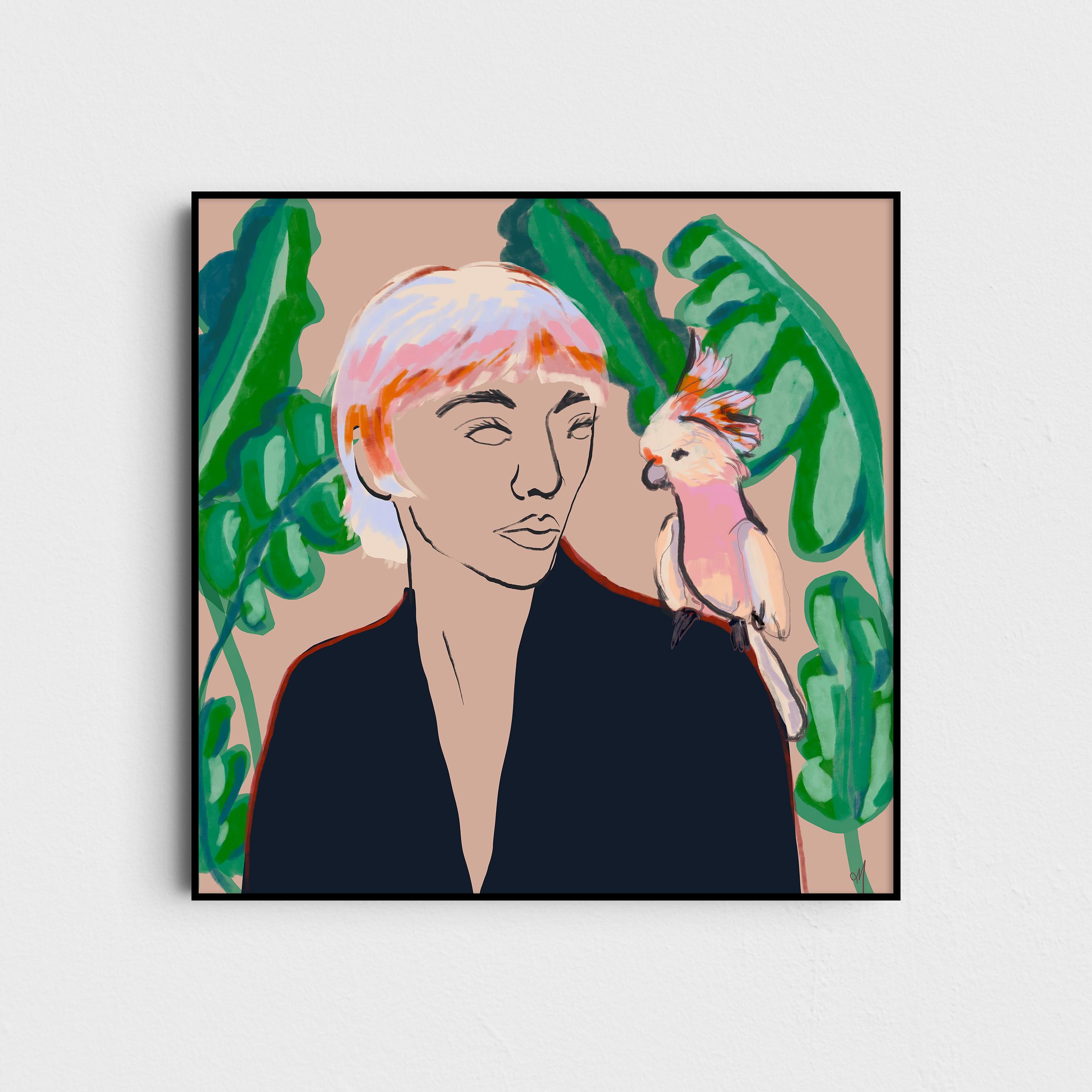 portrait, illustration, figurative, figurative art, modern illustration,cockatoo,bird,animal,plants,nature,leaf,tropical,mexican artist,french artist,