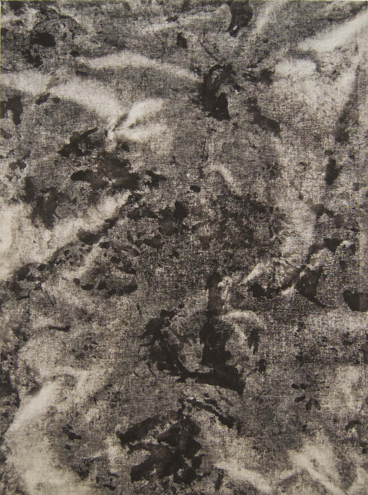 Imprint moulds created with the falling rain, carbon and ivory black pigments on cotton fabric