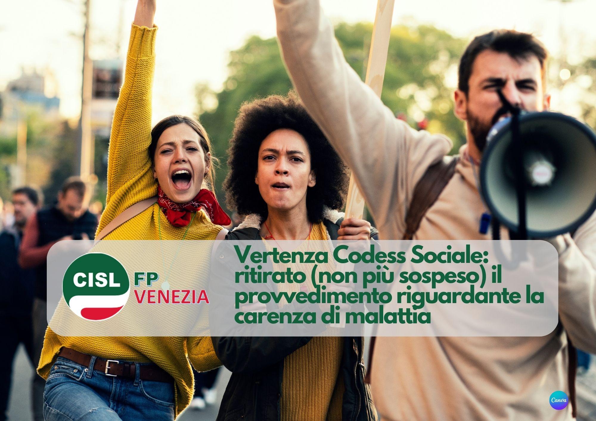 CISL FP Venezia. Vertenza Codess Sociale: ritirato il provvedimento riguardante la carenza di malattia