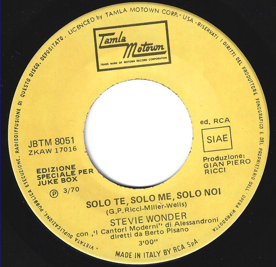 STEVIE WONDER : Solo te, solo me, solo noi / My Cherie Amor 1970 = MINT-