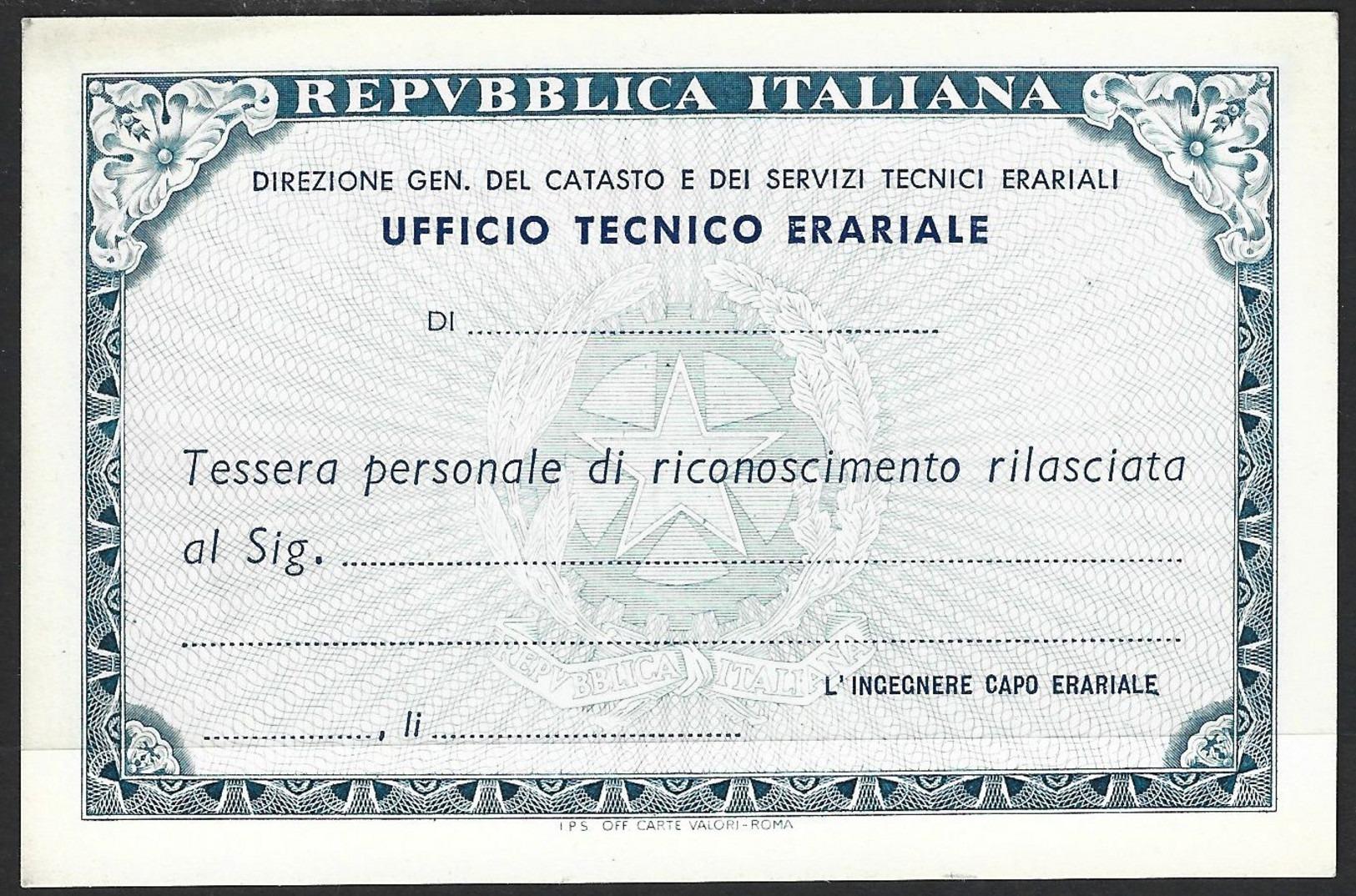 035> ITALIA < TESSERA UFFICIO TECNICO ERARIALE > Nuova ancora da compilare! - Anni '30