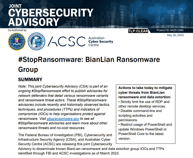Advisory regarding emerging BianLian Ransomware Group