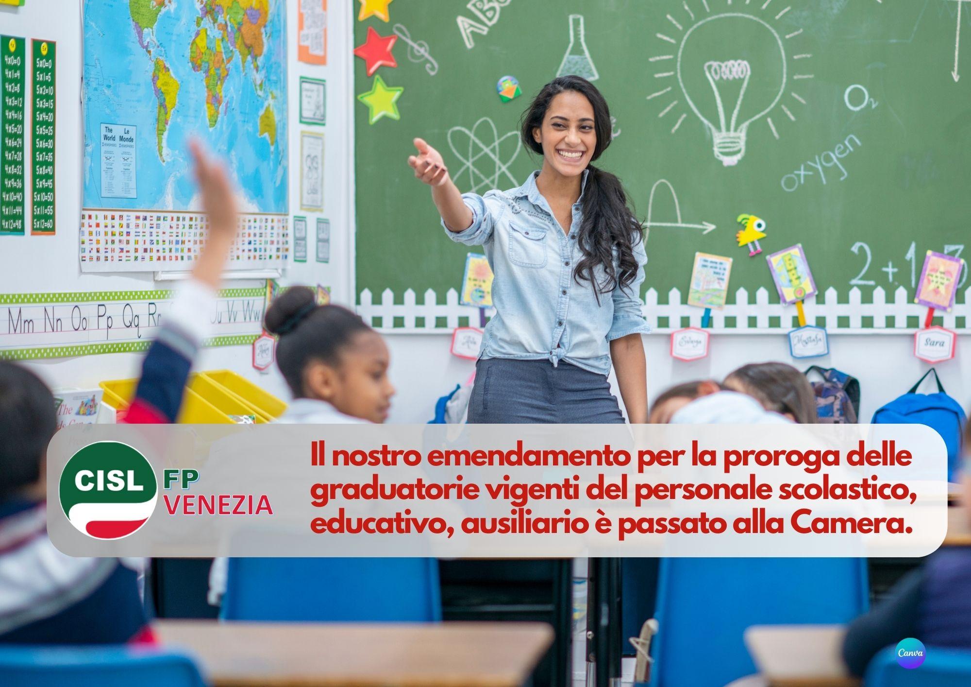 CISL FP Venezia. Educativo Scolastico: emendamento proroga graduatorie vigenti passa alla Camera