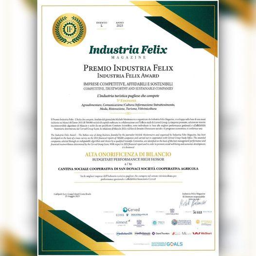 Premio Industria Felix conferito alla Cantina San Donaci