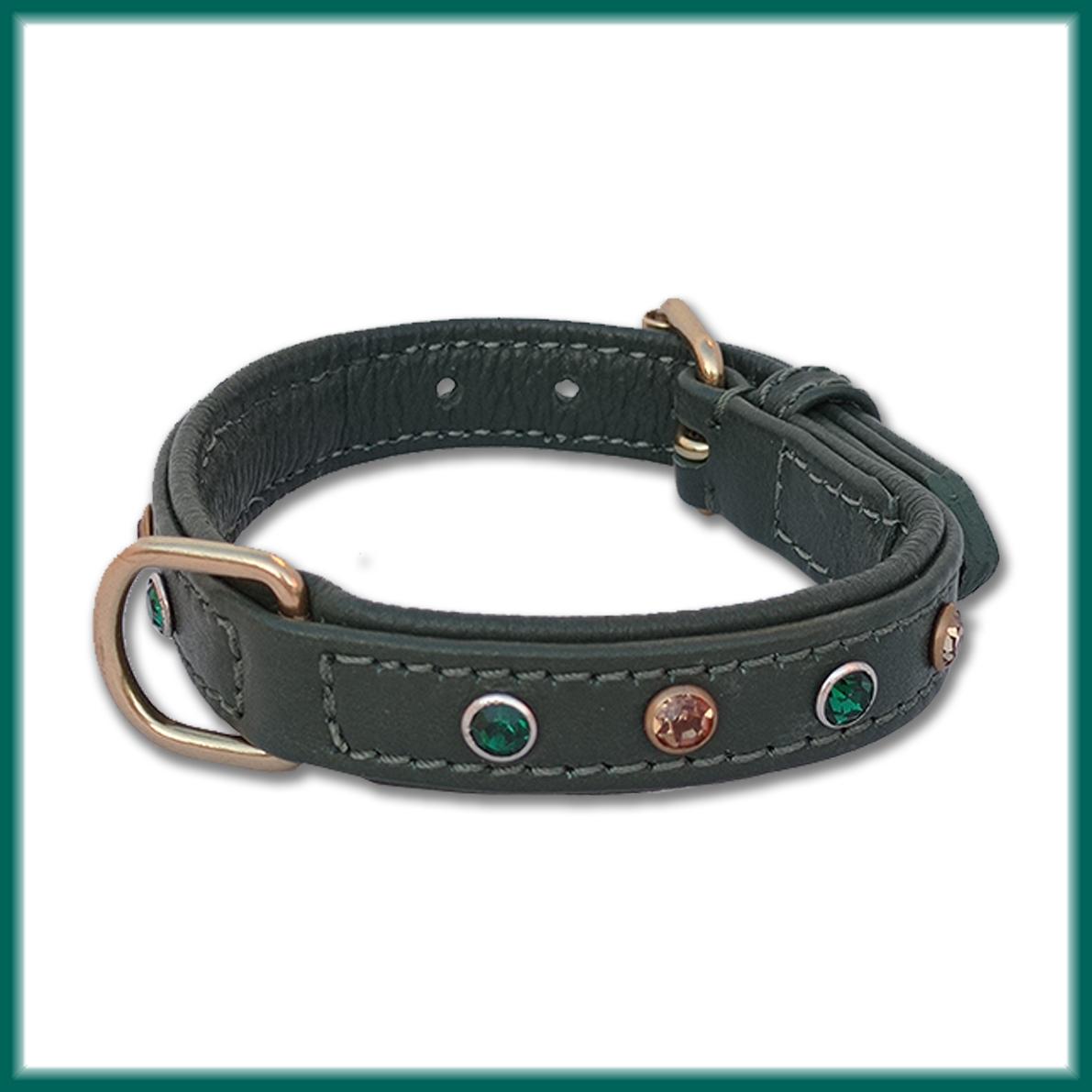 Collare in pelle verde per Chihuahua con cristalli emerald e light topaz