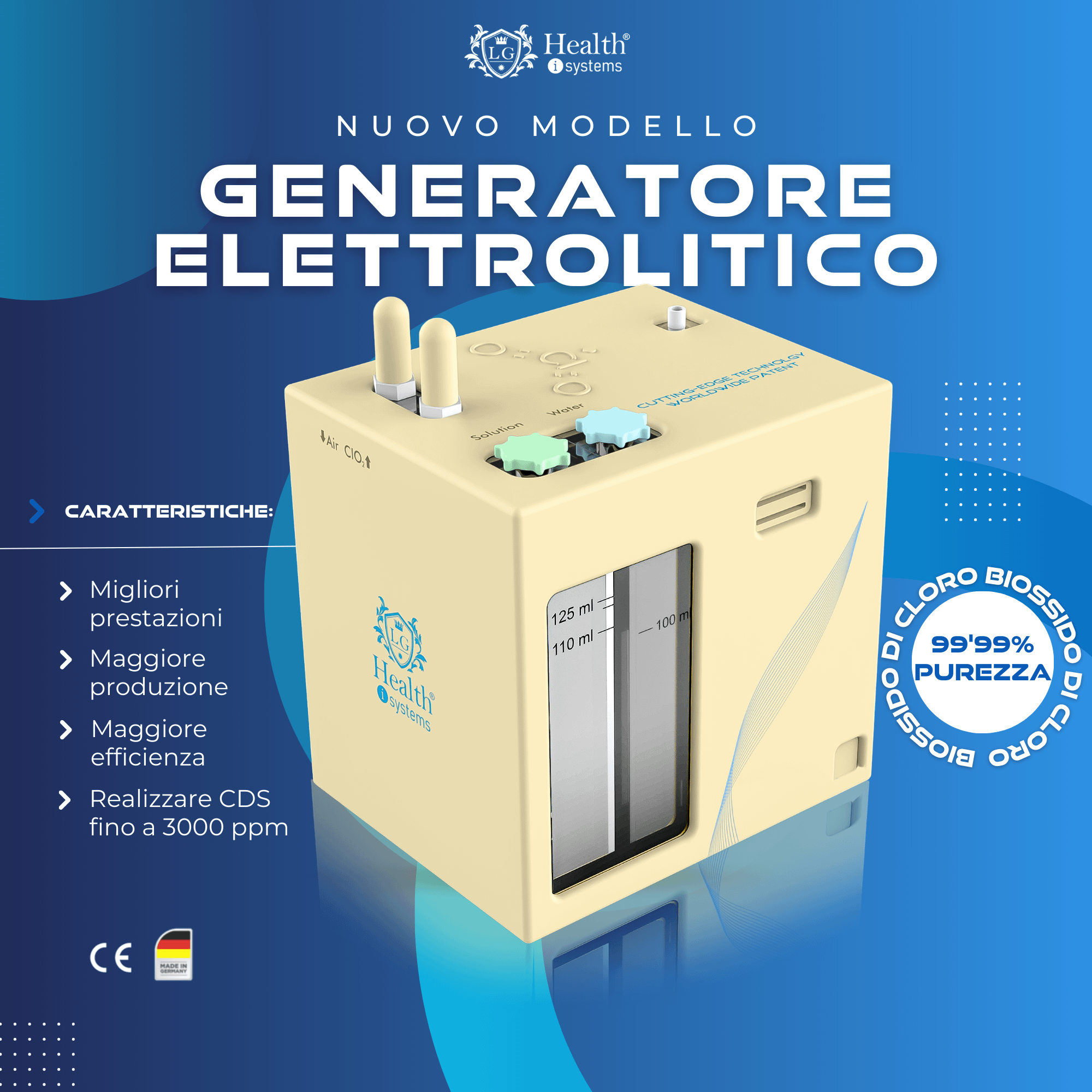 Nuovo Generatore elettrolitico di biossido di cloro CLO2 3000 ppm. Include accessori