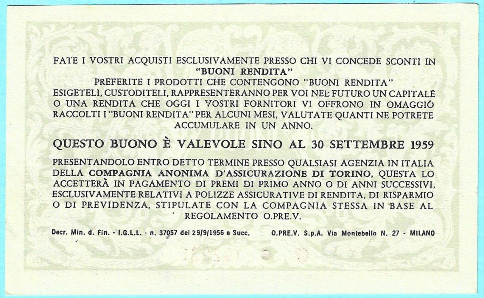 045> BUONO RENDITA 5 Lire < Previdenza Vitalizia > Scadenza: 30 SETTEMBRE 1959