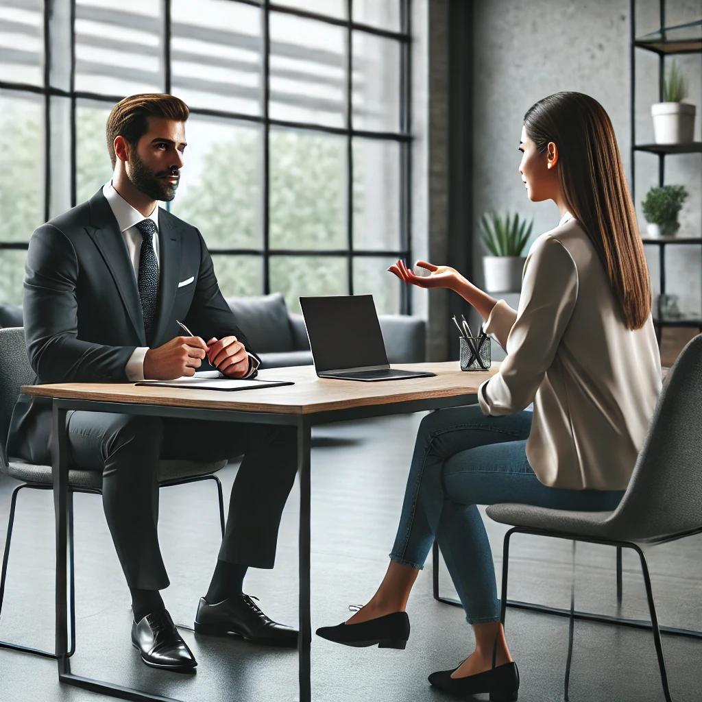 DALLE 2024-10-16 101149 - A realistic scene of a recruiter conducting an interview in a modern office setting with a focus on evaluating the candidates soft skills The recruwebp