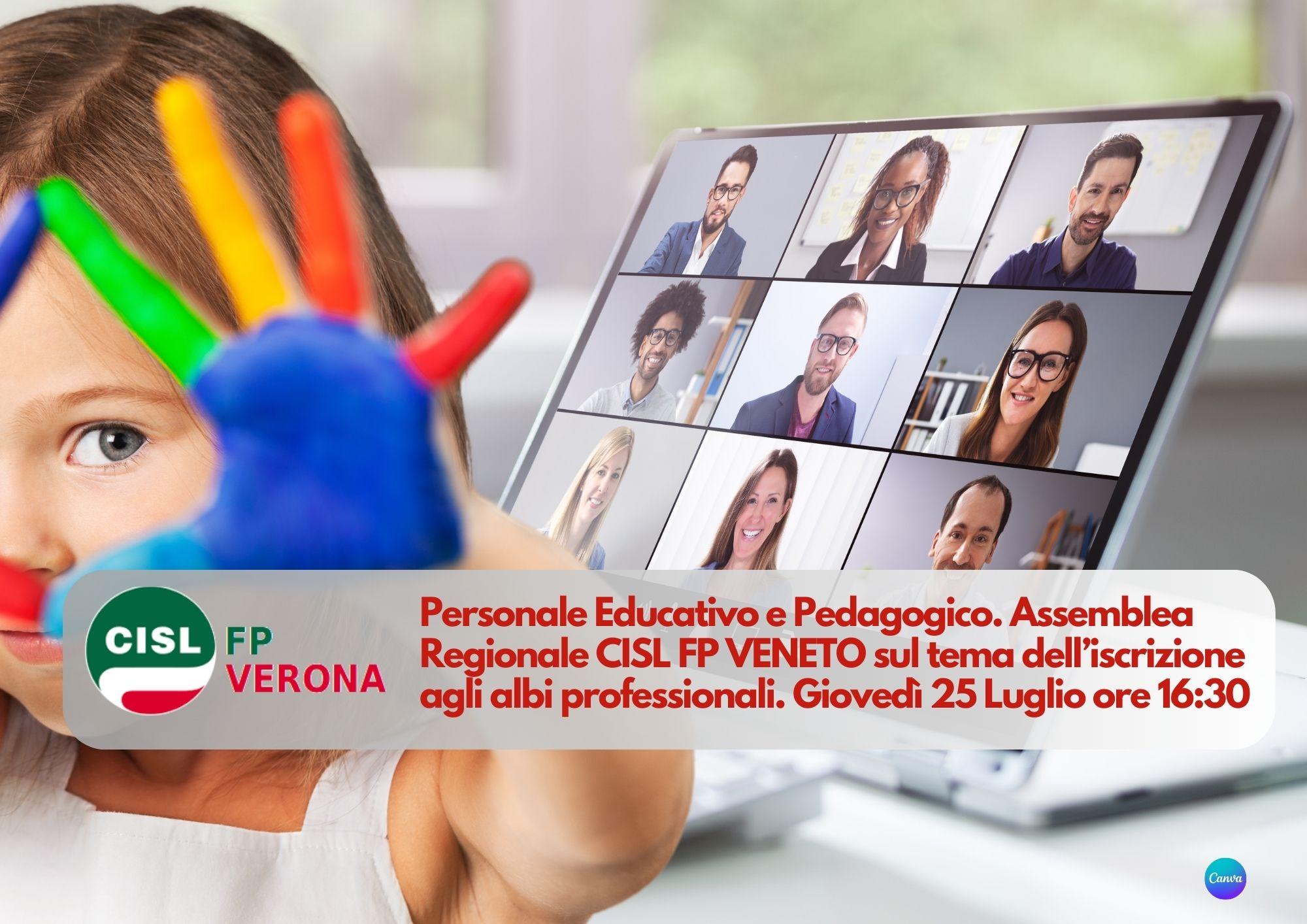 CISL FP Verona. Personale educativo e pedagogico: 25 luglio ore 16 assemblea regionale sul tema dell'ordinamento