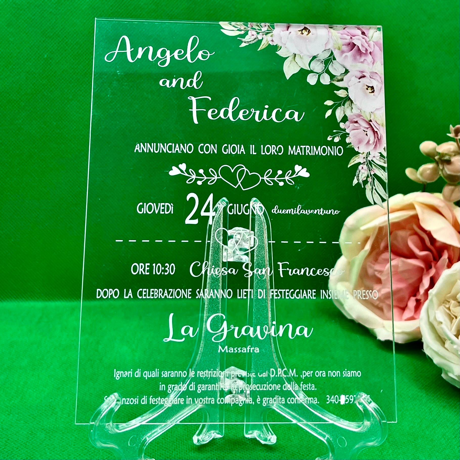 Partecipazione in plexiglass con stampa. Set da 5pz.