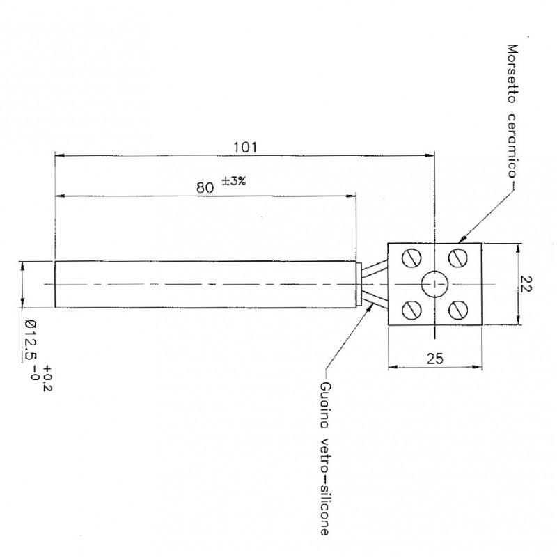 14701040 Resistenza accensione lineare con morsetto ceramica Lunghezza: 80 mm.  Potenza: 250 Watt.