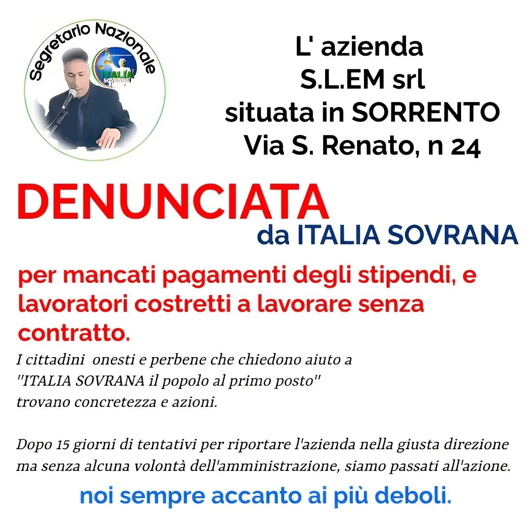 Campania: Azienda denunciata Il popolo chiama....ITALIA SOVRANA risponde. Siamo la politica onesta e concreta sempre pronti a ripulire dove vi è lo sporco marcio.