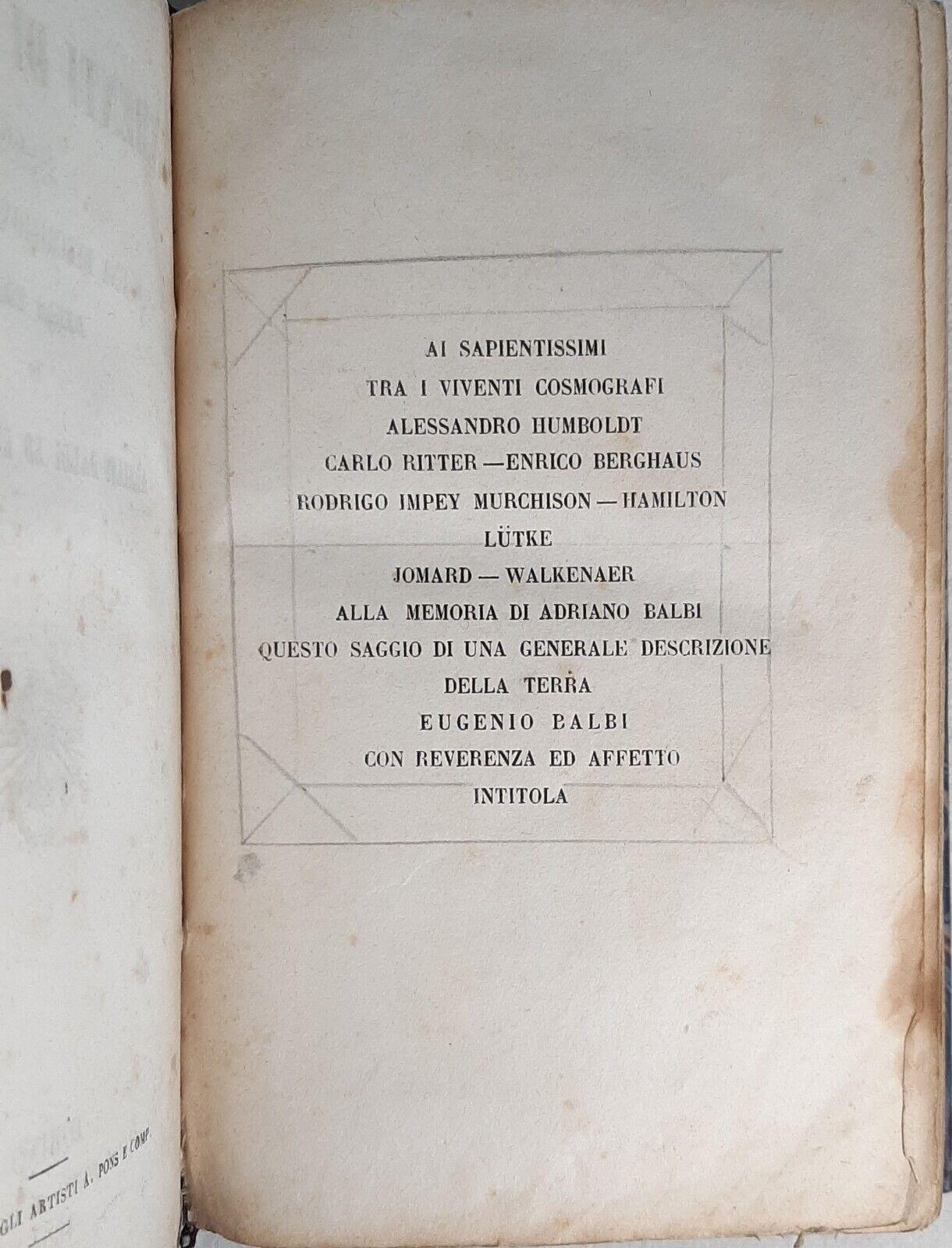 Geografia generale Balbi Cugini Pomba 1851 Torino