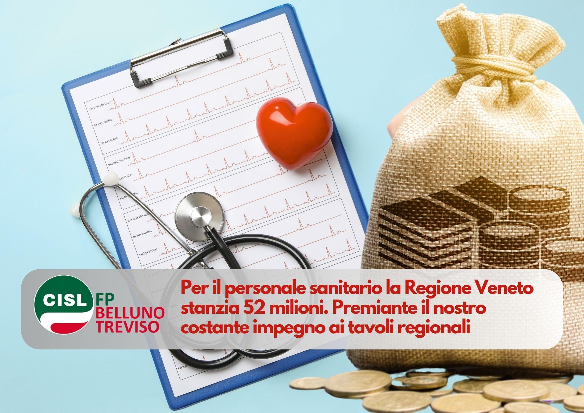 CISL FP Belluno Treviso. Per premialità al personale sanitario la Regione Veneto stanzia 52 milioni