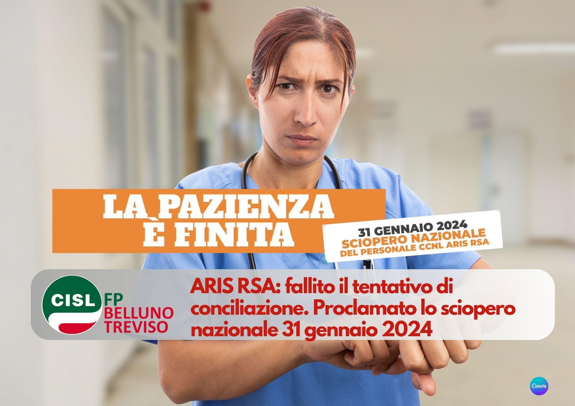 CISL FP Belluno Treviso. ARIS RSA: fallito il tentativo di conciliazione. Proclamato lo sciopero nazionale 31 gennaio 2024