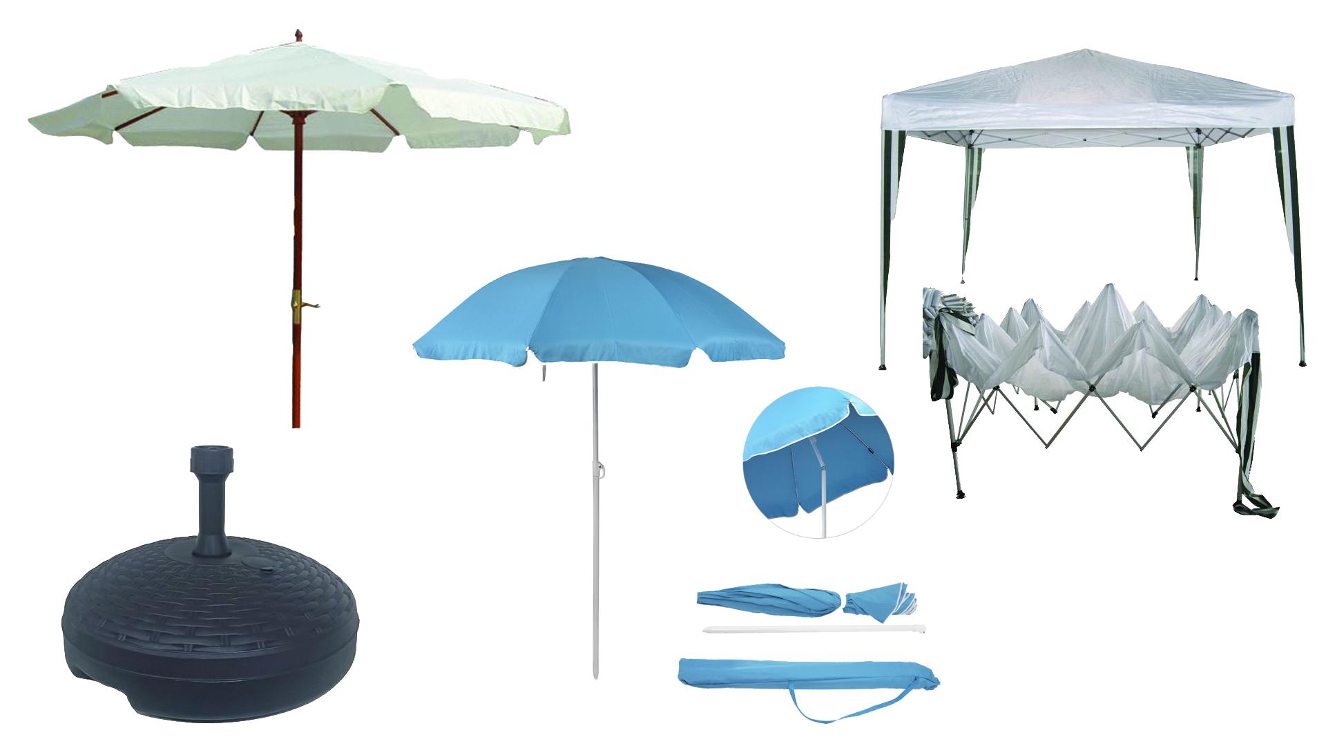 ombrelloni e gazebi fissi e pieghevoli in acciaio legno alluminio e basi ombrellone in plastica e graniglia