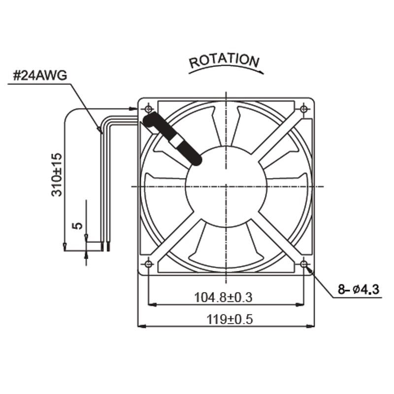 28FR300 Ventilatore assiale con struttura in alluminio pressofuso.Dimensioni: 120x120x38 mm