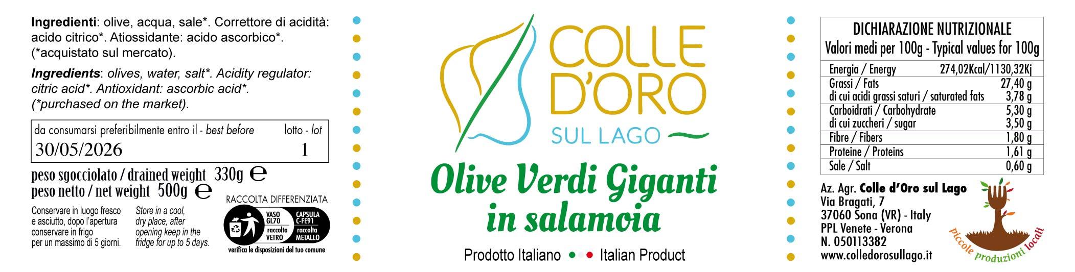 Cod. 10 Olive verdi giganti in salamoia 500 g
