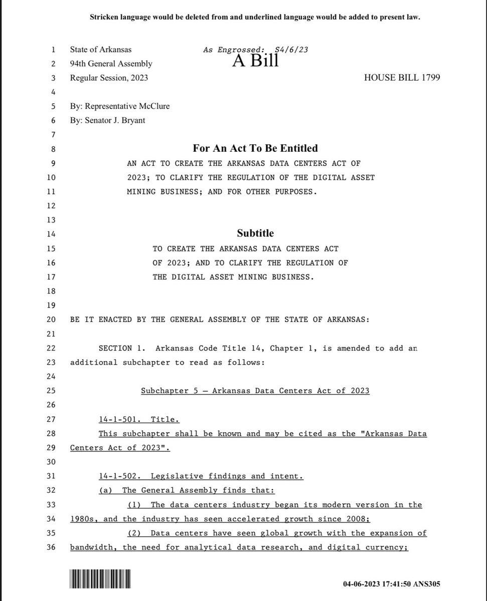 The State of Arkansas passes a bill to create the Arkansas Data Center Act and regulate the digital asset mining business