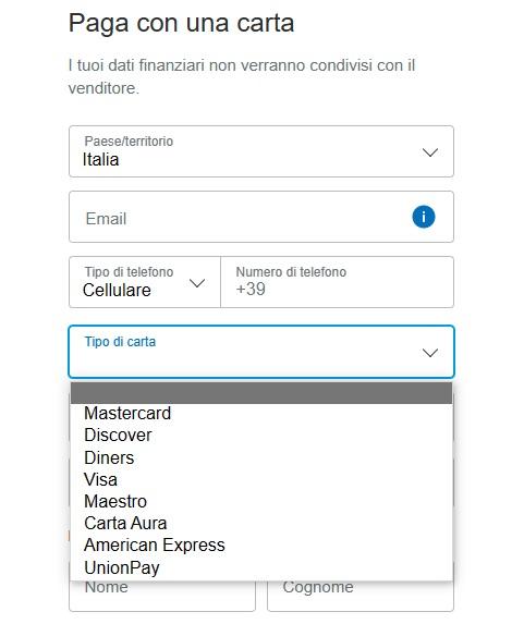 Pagamento con carta di credito. Con PayPal senza account