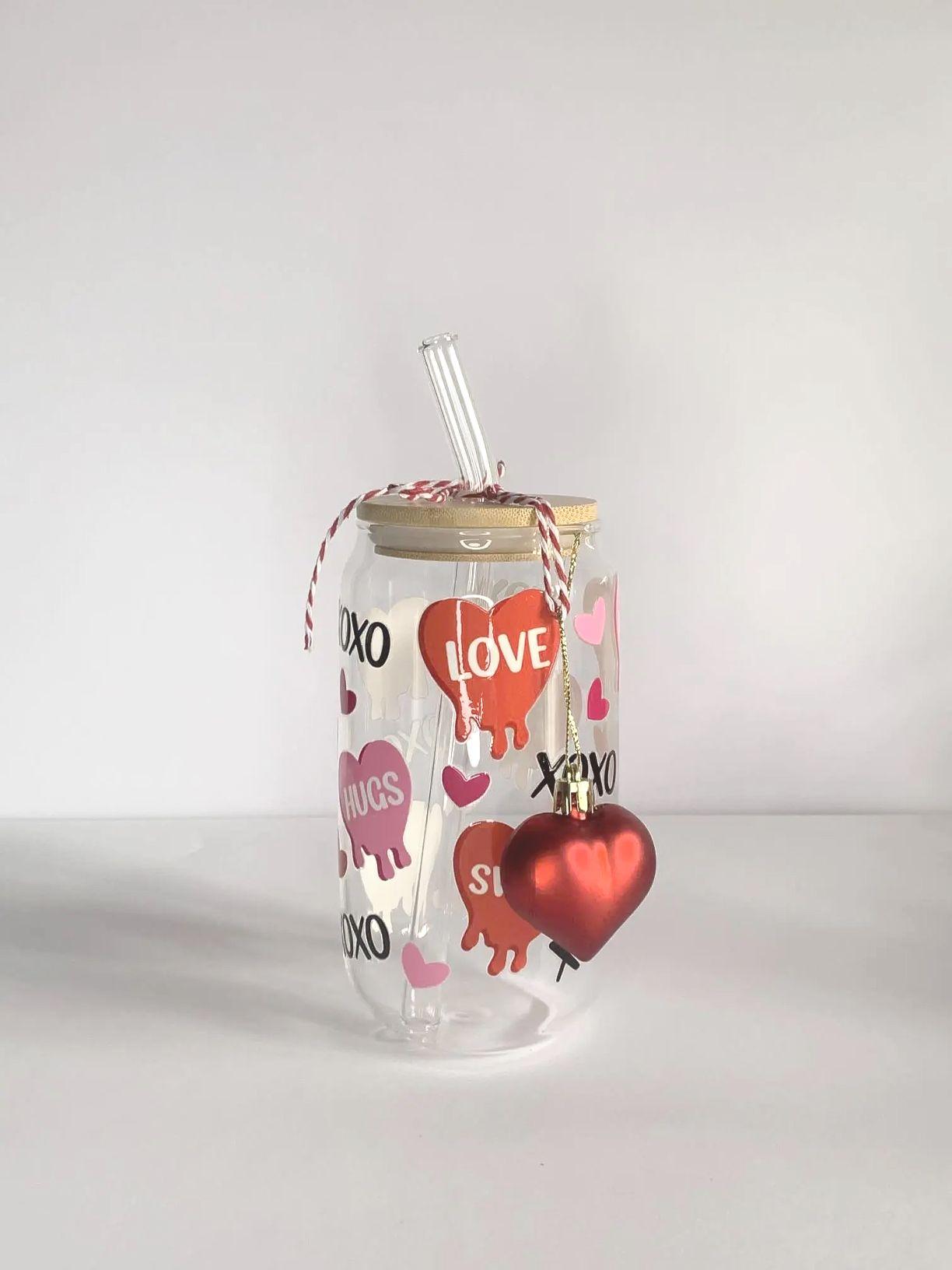 Tumbler vetro con cannuccia cuori Love San Valentino