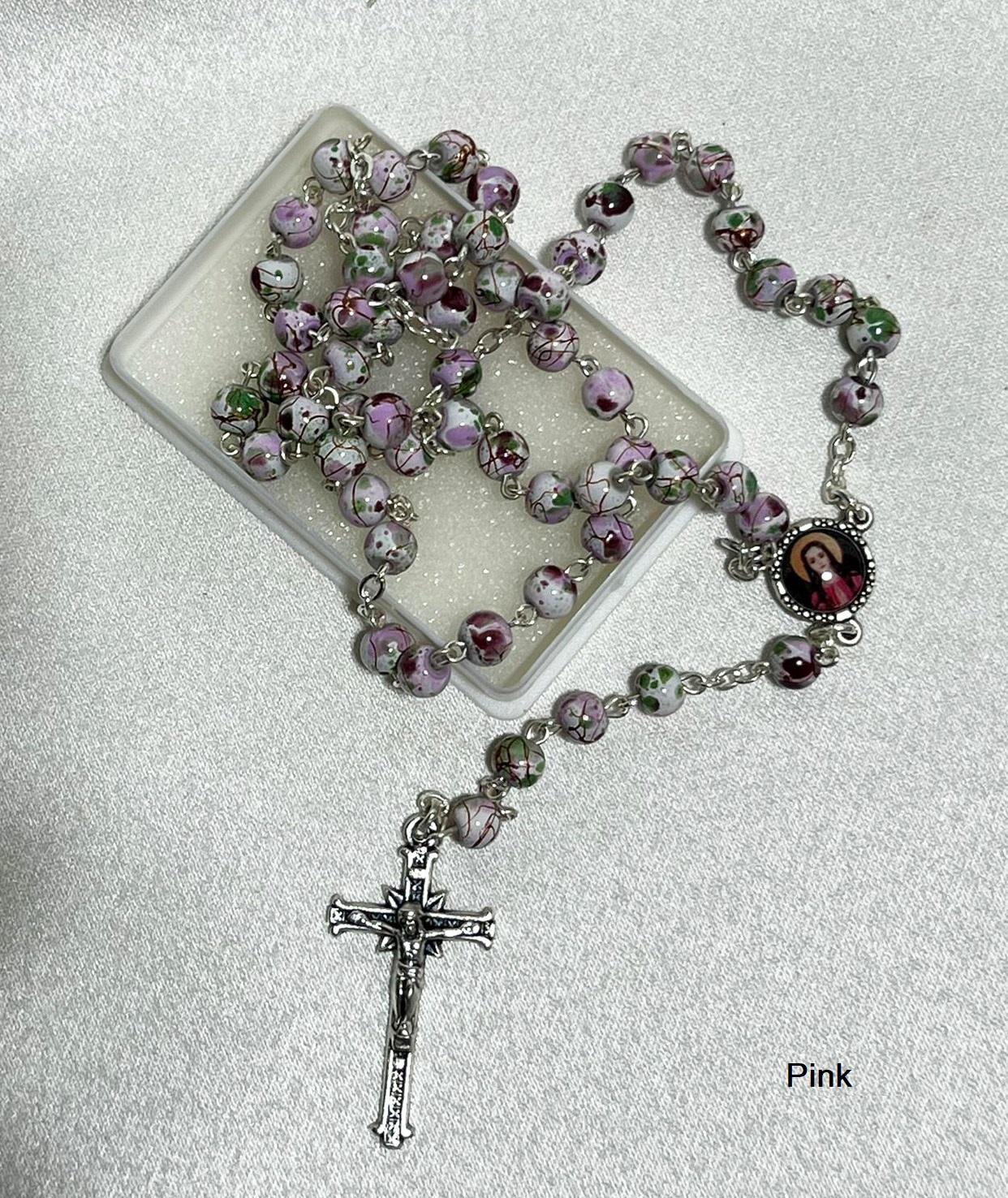 St Philomena rosary beads with worked stones - various colours