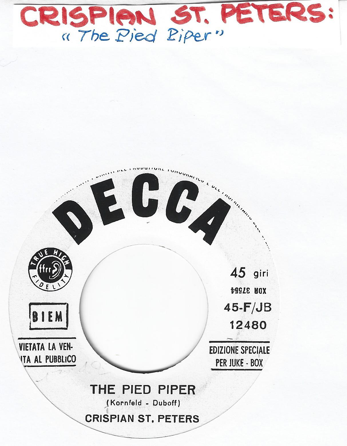 CRISPIAN ST. PETERS : "The Pied Piper / Changes" 1966 Promo JB = EX+