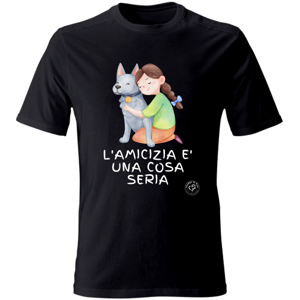 T-Shirt Solidale "L'Amicizia è una cosa seria" scritta Bianca