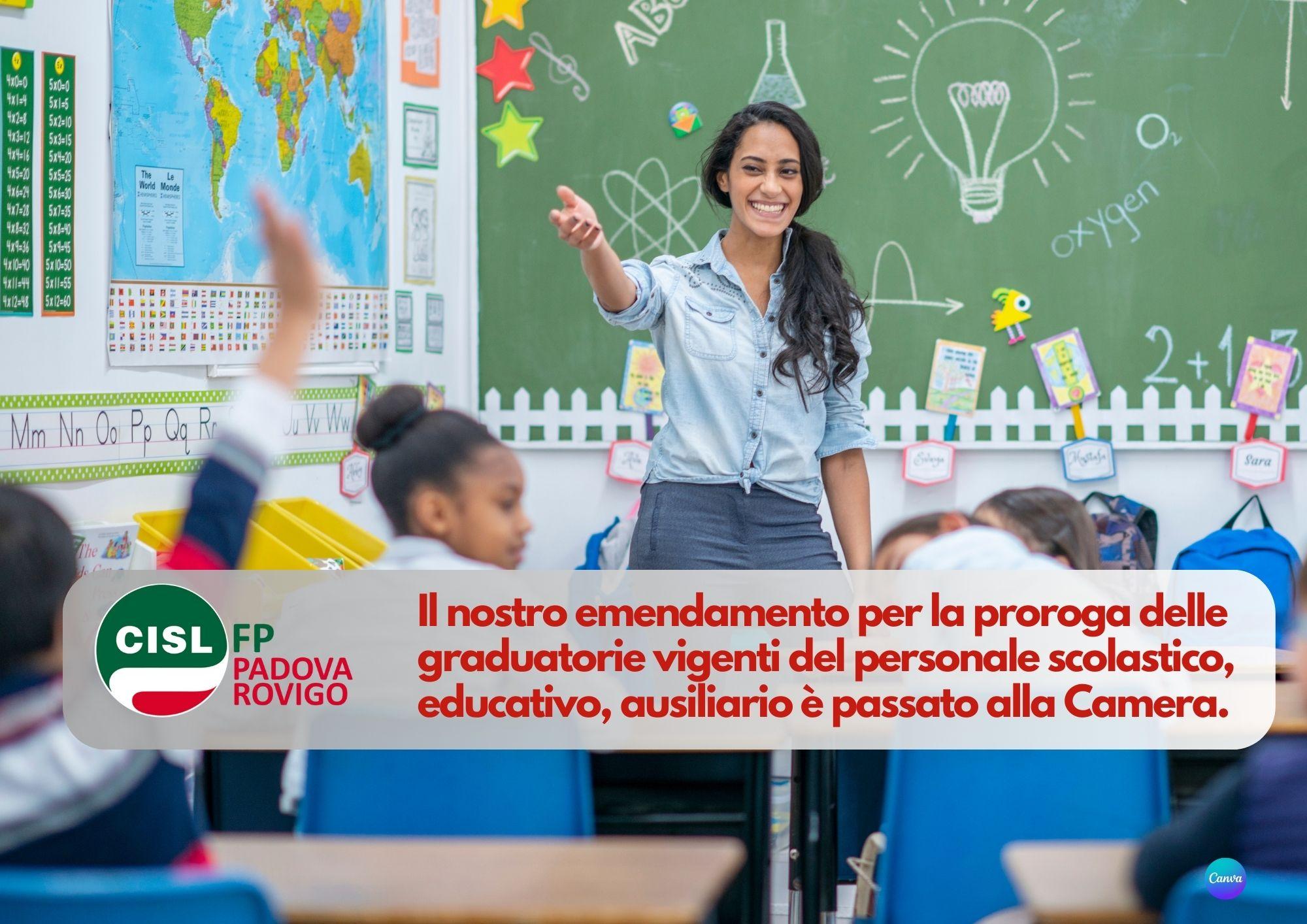 CISL FP Padova Rovigo. Educativo Scolastico: emendamento proroga graduatorie vigenti passa alla Camera