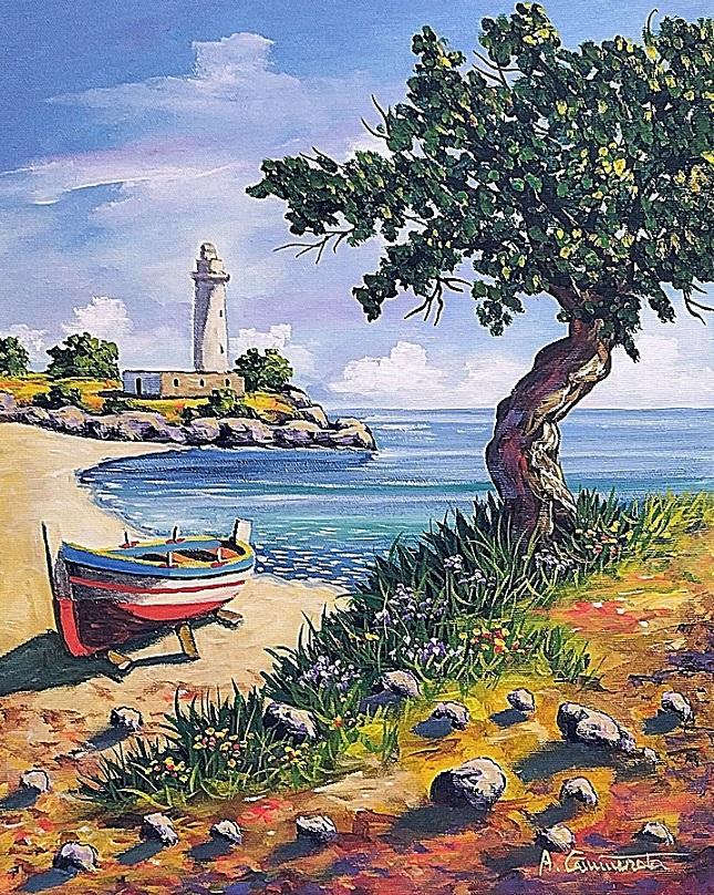 Piccola baia con faro Olio su tela 50 x 40 cm