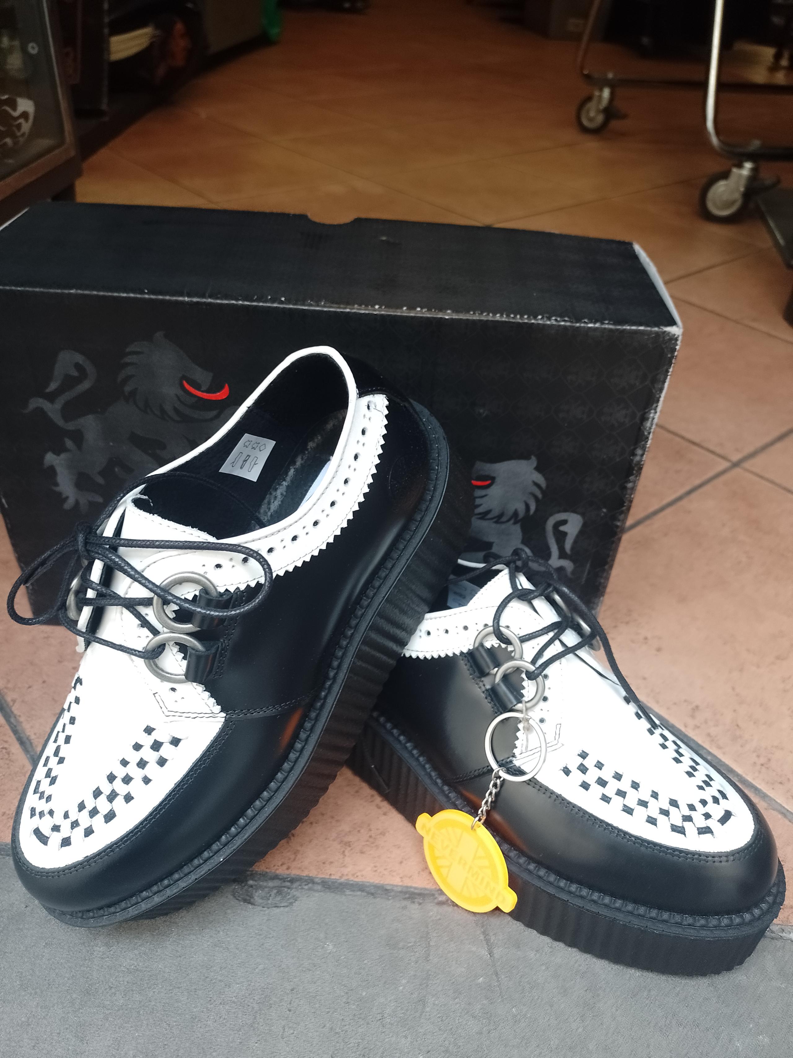 Creepers scarpe punta tonda vera pelle bicolore nero/bianco suola alta